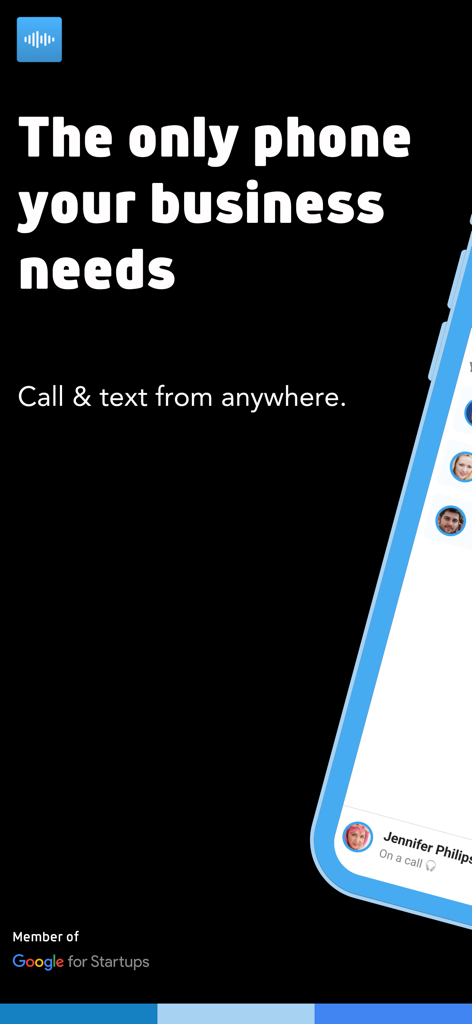 Phone2: Business Phone Number - Phone2 business phone app interface showing call and text features and Google for Startups membership