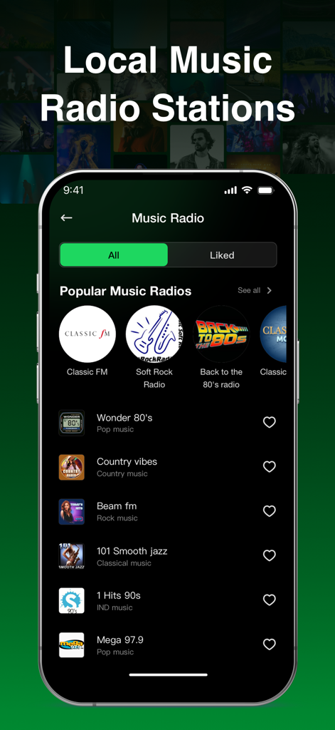 iPhone screen showing a list of popular and local music radio stations on the Offline Music Player Pro app