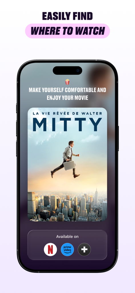 Interface de l'application OneMovie montrant où un film est disponible pour regarder sur Netflix et Prime Video.