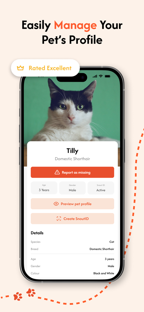Interface of the Crumb app showing a cat profile with a report as missing feature.
