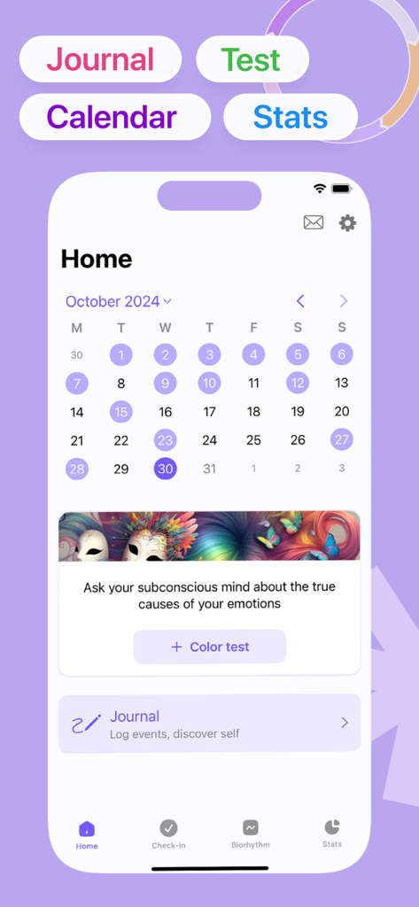 Emotion: Stress Anxiety Relief - Pantalla de inicio de la aplicación Emotion que muestra un calendario de estado de ánimo mensual y un botón para iniciar una prueba de color subconsciente.
