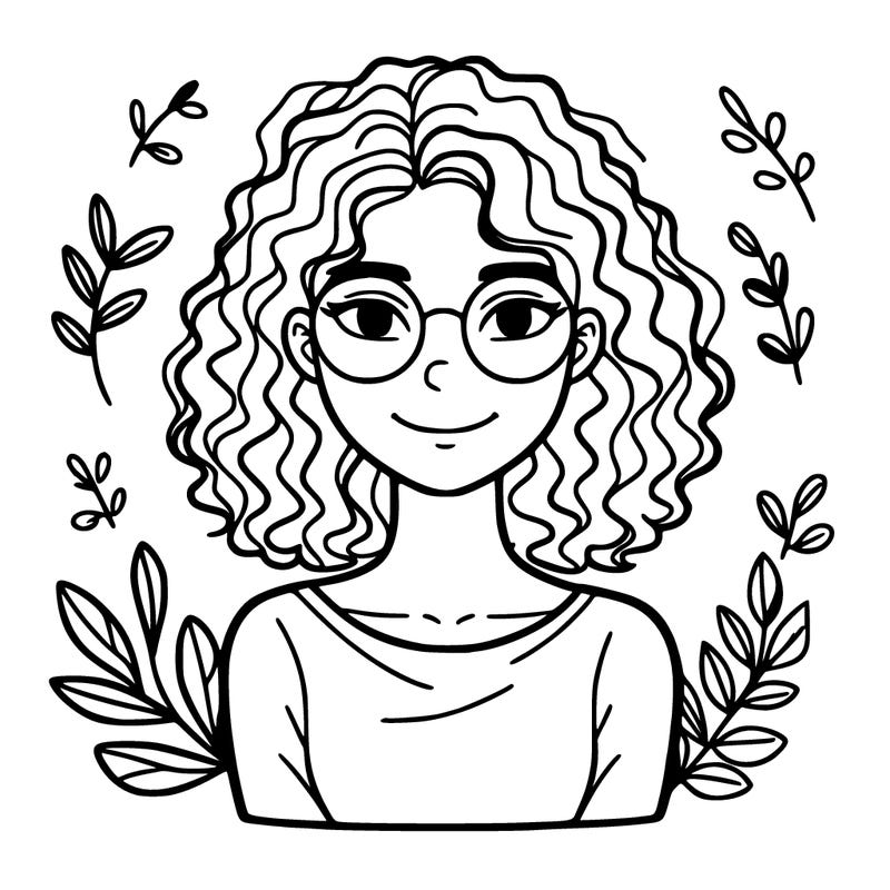 a woman with curly hair and glasses