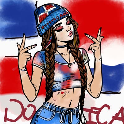 realistic teenage girl with braids and a beanie and crop top doing 🫶🏼