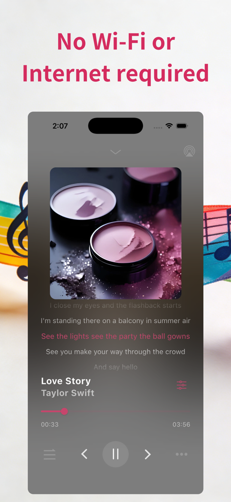 Offline Music : Offline Player - Interfaz del reproductor de música sin conexión que muestra letras de canciones sincronizadas con un encabezado de "no se requiere internet"