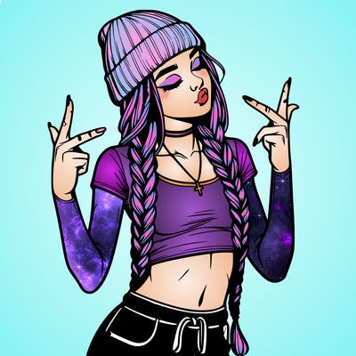 realistic teenage girl with braids and a beanie and crop top doing 🫶🏼