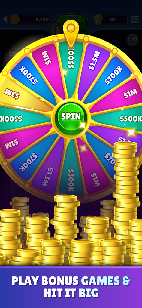 A colorful bonus prize wheel in the Jackpot Scratchers app showing large coin rewards and stacks of gold coins.
