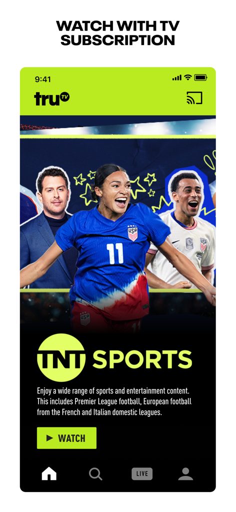 truTV - Interface de l'application truTV montrant la diffusion en direct de TNT Sports et le contenu de divertissement