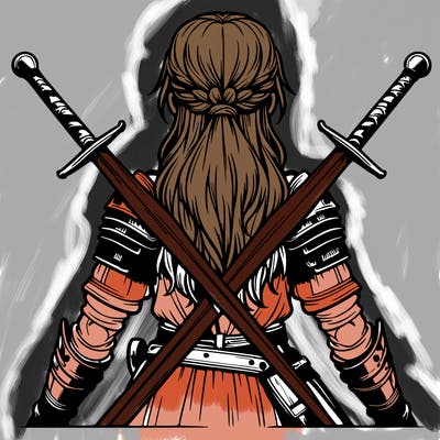 very realistic warrior girl with swords behind her back