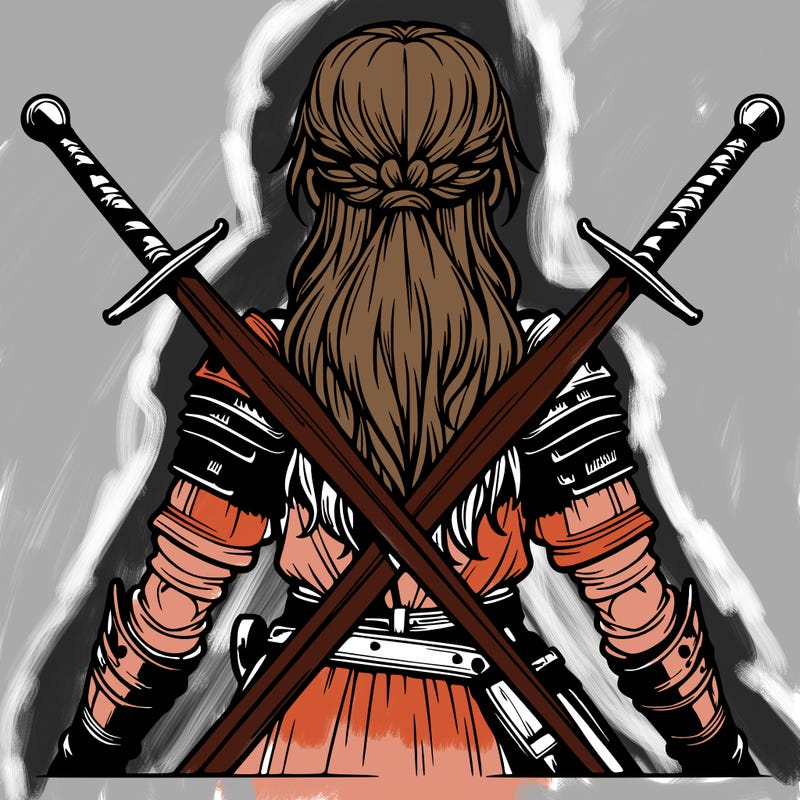 very realistic warrior girl with swords behind her back