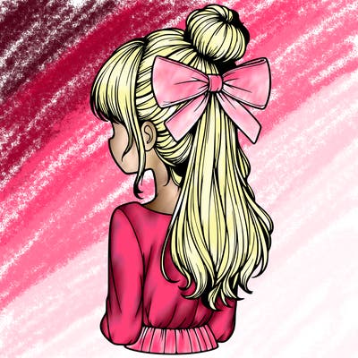 realistic girl  with hip length hair a bun and a big bow on the back of head
