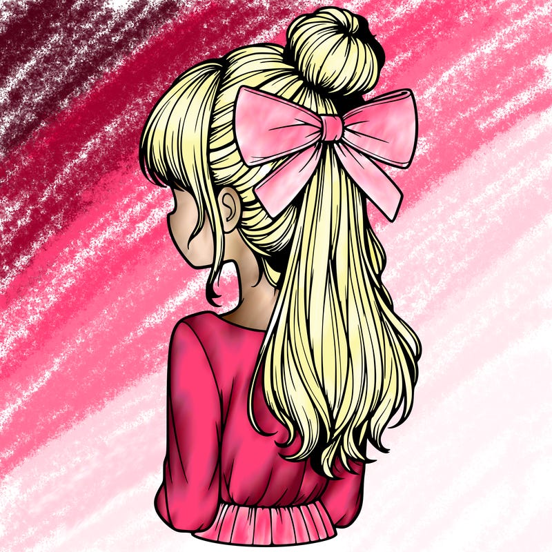 realistic girl  with hip length hair a bun and a big bow on the back of head