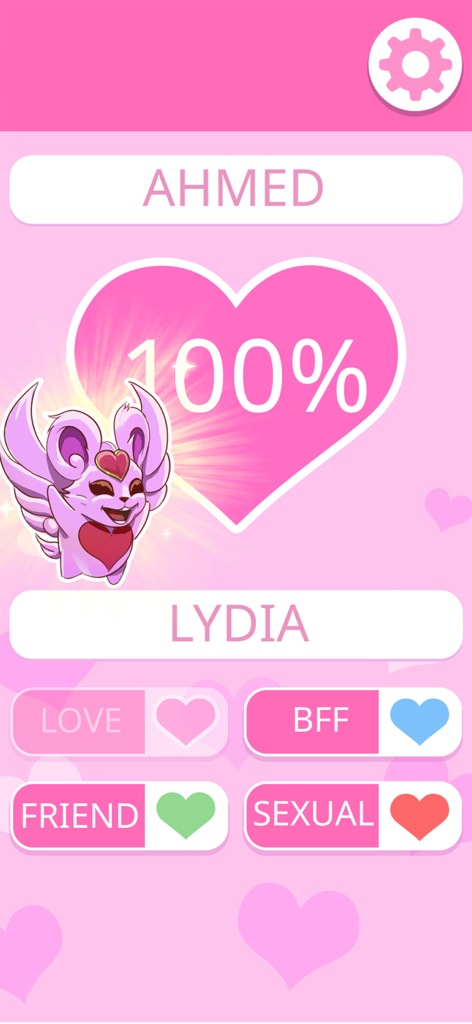 Love Test app result screen showing 100 percent compatibility score between two names