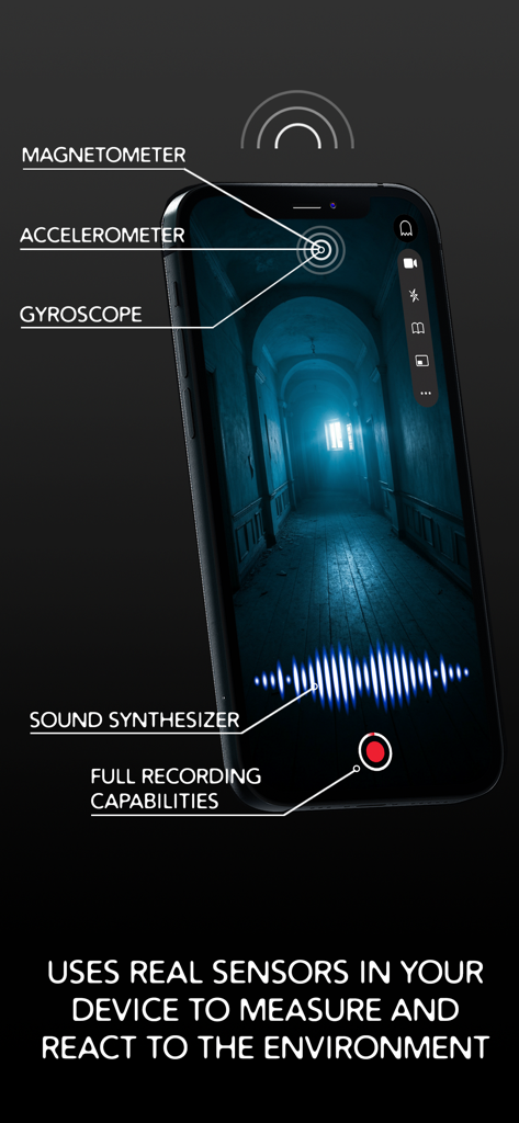 Smartphone-Bildschirm, der die Funktionen der GhostTube VOX App anzeigt, einschließlich Sensoren und Klangsynthesizer.