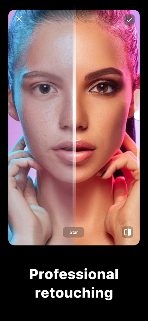 A split-screen view showing a before-and-after comparison of a face with professional photo retouching and makeup filters applied.