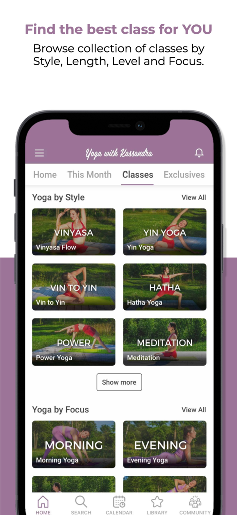 Yoga with Kassandra - Mobile app screen showing yoga classes sorted by style and focus.