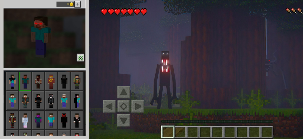 Horror Addons for Minecraft PE - Menu do personagem do Minecraft com skins de terror e um monstro alto em uma floresta escura