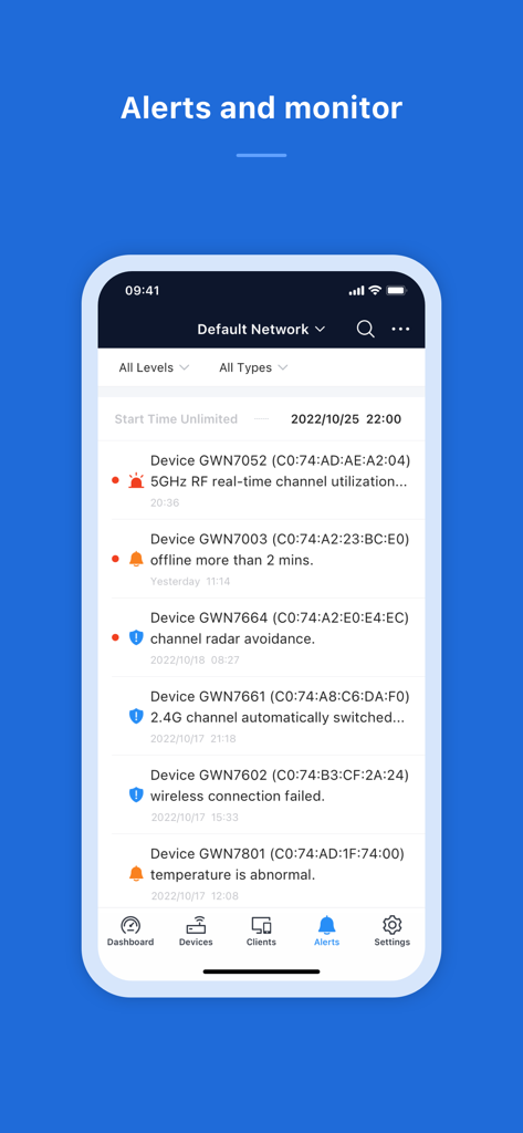 Interfaz de alertas de red en tiempo real y monitoreo de dispositivos en la aplicación móvil GWN.