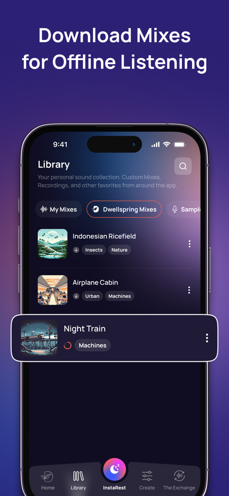 Dwellspring: Sleep Sounds - The library screen of the Dwellspring app showing a collection of ambient sound mixes such as Indonesian Ricefield and Airplane Cabin available for offline listening.