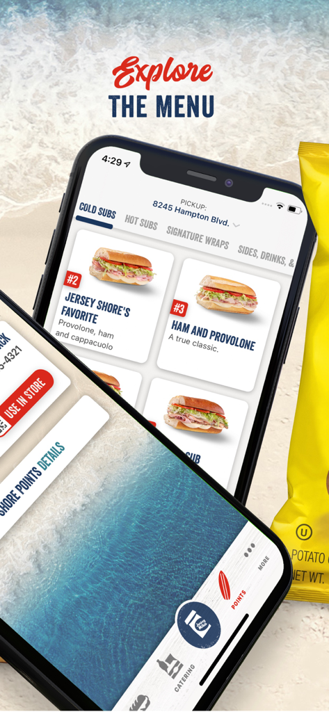 Jersey Mikes mobile app interface showing the cold sub sandwiches menu and loyalty reward points