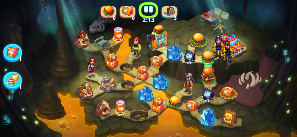 Gameplay of Rescue Dash in a cave level with characters collecting resources near lava.