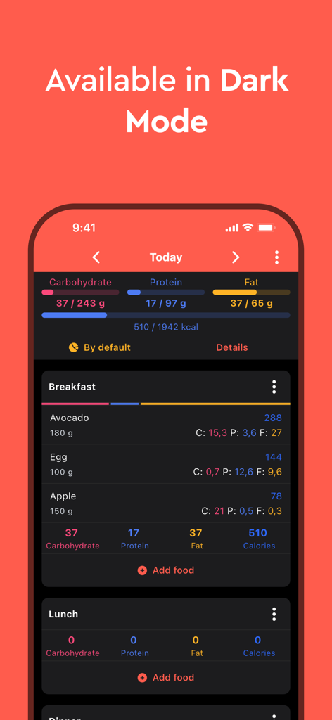 Macros - Calorie Counter - Interfaccia dell'app Macro Calorie Counter in modalità scura che mostra un registro alimentare per la colazione con dettagli nutrizionali