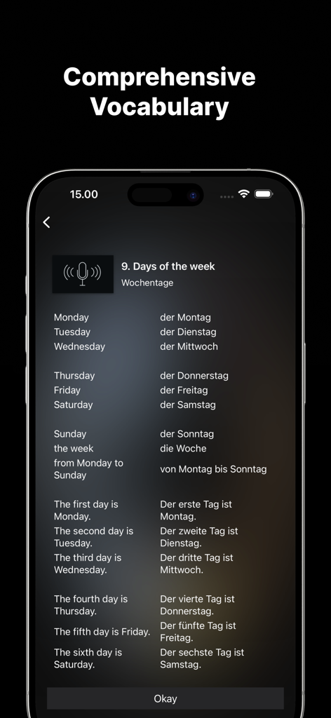 Lernen-App-Bildschirm mit einer umfassenden Liste deutscher Vokabeln für Wochentage.