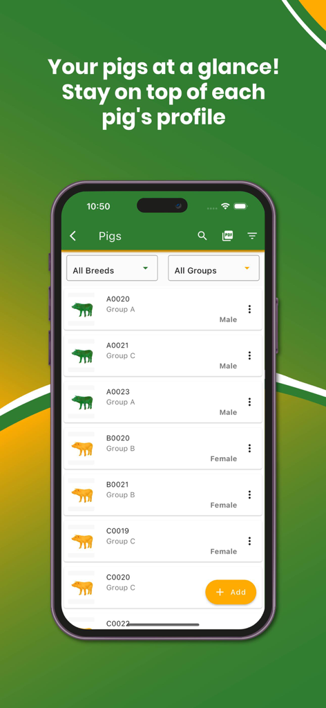 My Piggery Manager - Farm app - A mobile app interface displaying a list of pig profiles with ID numbers and gender for farm management.