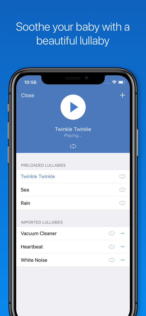 Interface of the Baby Monitor 3G app showing preloaded lullabies and imported white noise options for soothing babies