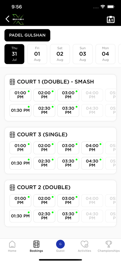 Smash X - Smash X app interface showing padel court availability and scheduling for various time slots