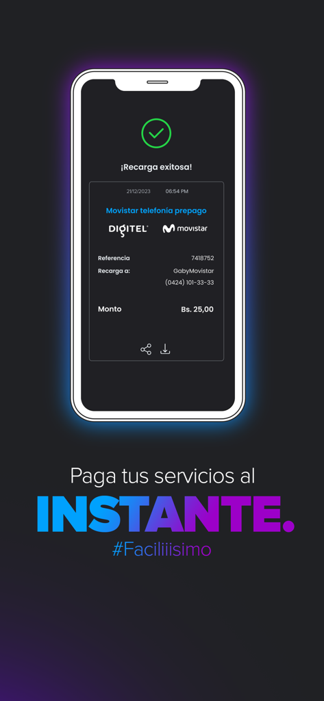 Ub app - Pantalla de smartphone mostrando un pago exitoso de servicios móviles en Venezuela usando la app Ub.
