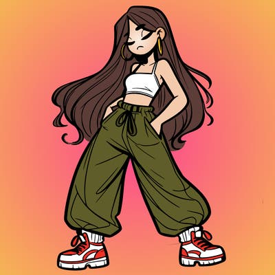 girl in baggy pants crop top and long hair