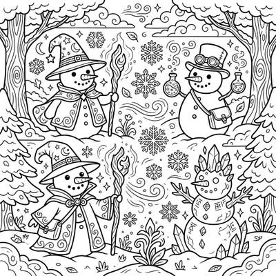 Dive into a whimsical winter wonderland where snowmen come to life with magic and mystery. This intricate coloring page features fantastical snowmen, from wise wizards to crystalline beings, perfect for an engaging artistic escape.