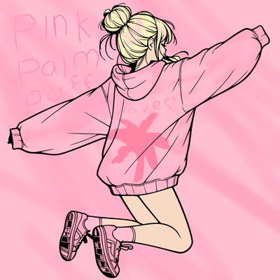 realistic girl jumping with a bun and oversized sweatshirt