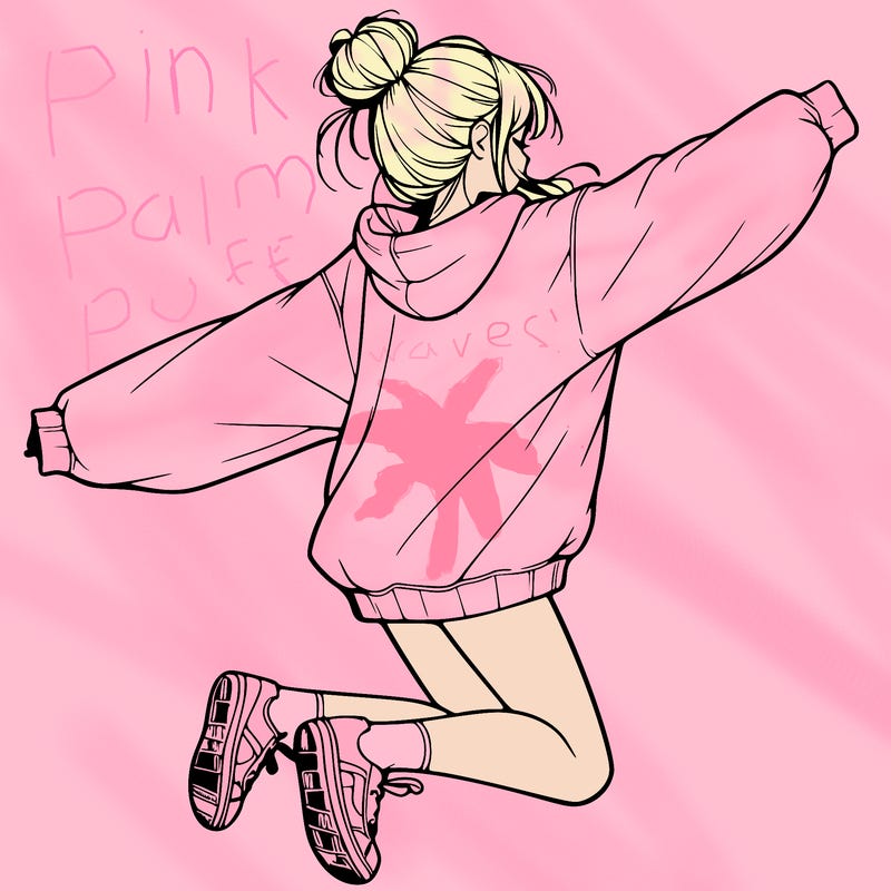 realistic girl jumping with a bun and oversized sweatshirt
