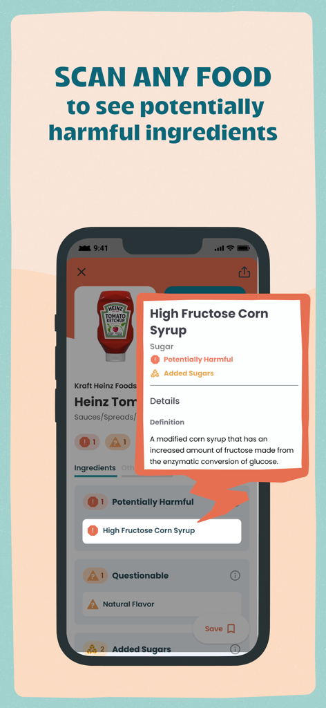 Trash Panda - Food Scanner - The Trash Panda app scanning a bottle of ketchup to identify high fructose corn syrup as a potentially harmful ingredient