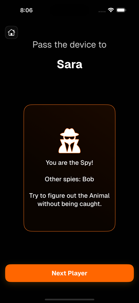 WHO'S THE SPY - منو الجاسوس - A screen from the game showing the player has been assigned the role of the Spy and must guess the secret word.