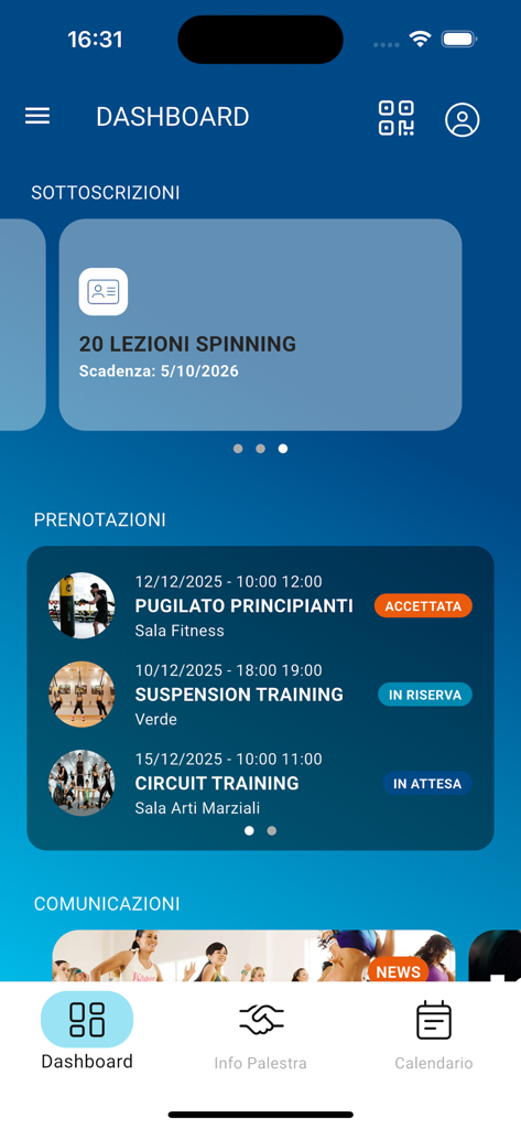 El panel principal de la aplicación ABC Palestre que muestra las reservas de clases del gimnasio y las suscripciones activas.