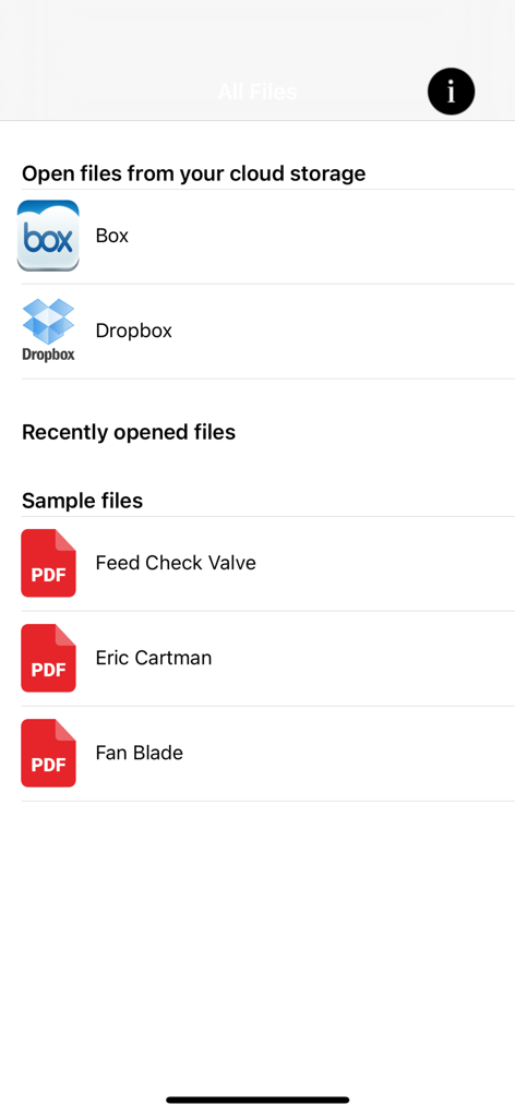 The home screen of the 3D PDF Viewer app showing cloud storage options for Box and Dropbox alongside sample CAD files.