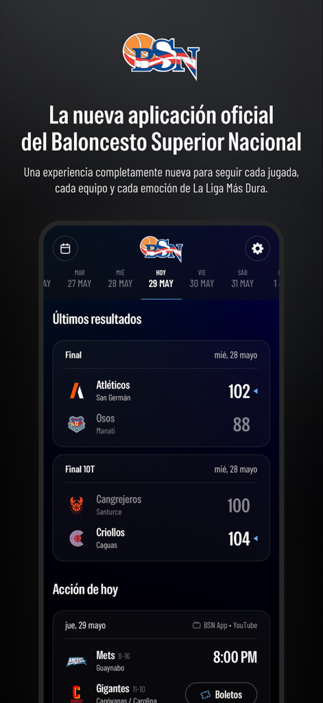 Baloncesto Superior Nacional - Official BSN basketball app interface showing latest game scores and upcoming schedule