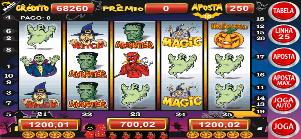 Halloween Slots & Bingo Online - Une machine à sous sur le thème d'Halloween avec des icônes de dessins animés effrayantes comme des sorcières et des fantômes.