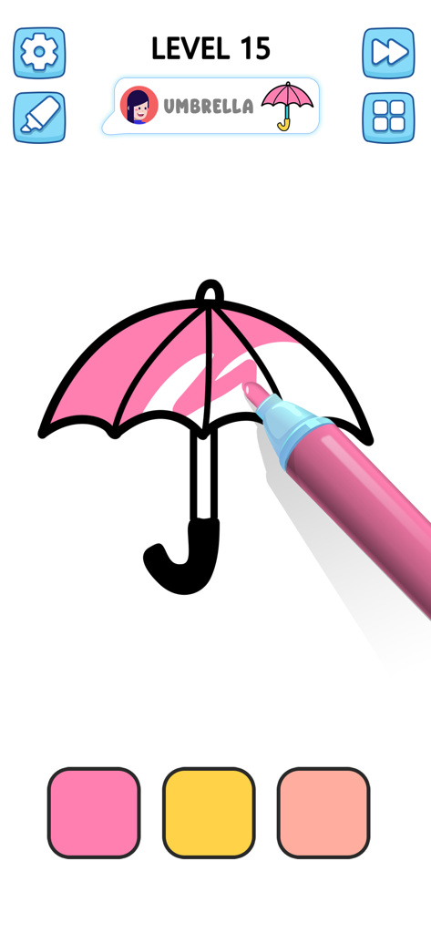 A digital pink marker filling in an umbrella illustration on a mobile coloring app interface.