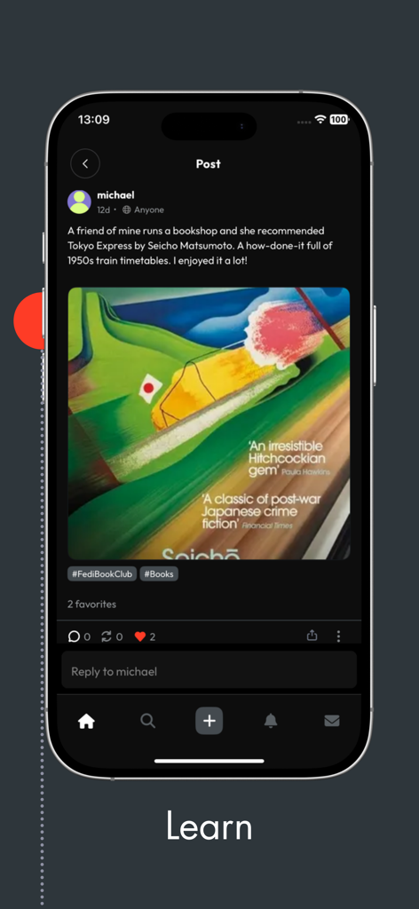 Patchwork: Your Social Media - A mobile screenshot of the Patchwork app displaying a social media post with a book recommendation and hashtags.