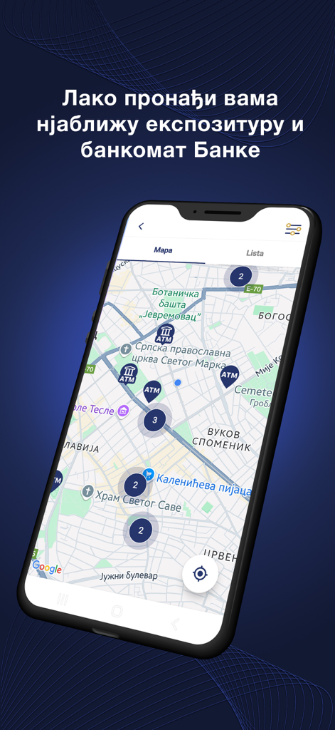 BPŠ mBank - Map view in BPŠ mBank app showing locations of bank branches and ATMs in Belgrade