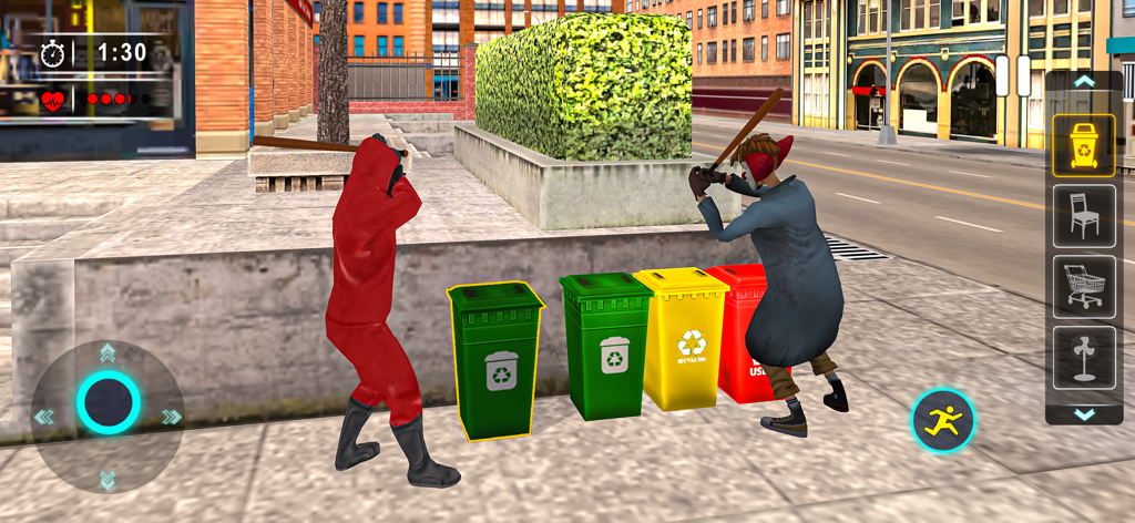 Hunters with bats searching for players disguised as colorful trash bins in Prop Hunt Madness