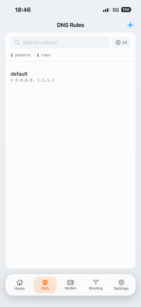 Captura de tela do aplicativo Orange Network mostrando a interface de configuração de Regras de DNS com configurações padrão para DNS do Google e Cloudflare.