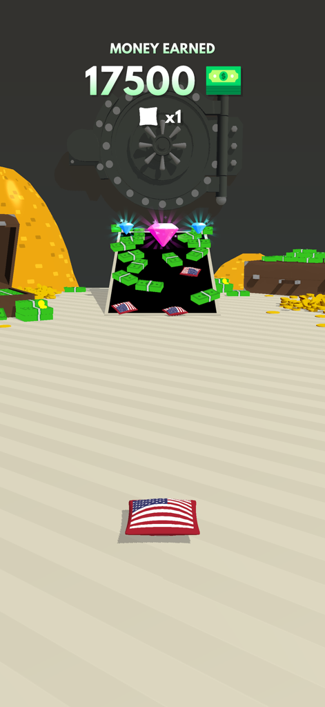 17500달러를 획득한 Cornhole League 게임 화면, 보석 금고와 미국 국기 패턴의 빈 백 표시
