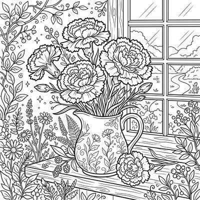 Discover the serene beauty of cottagecore with this delightful carnation coloring page. Featuring a charming floral arrangement nestled in a rustic window setting, it invites you to unwind and create.