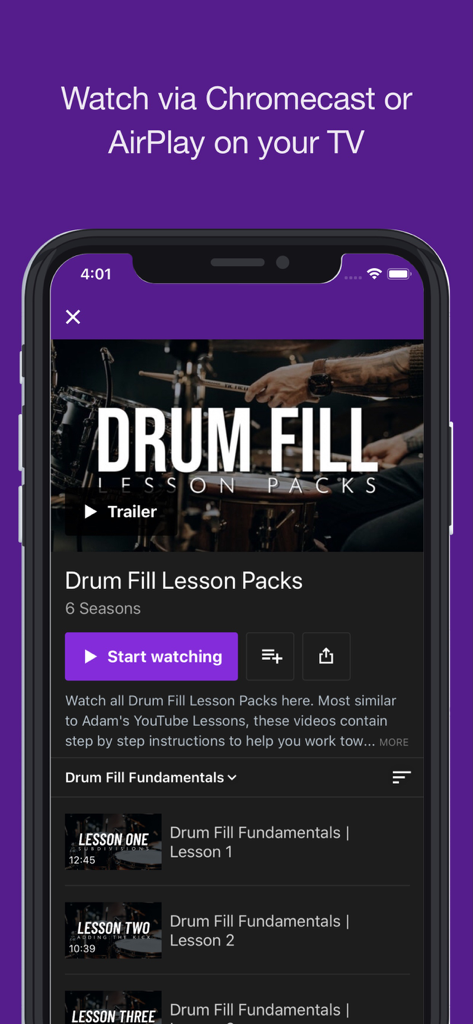 A mobile app interface showing drum fill lesson packs with options to watch via Chromecast or AirPlay