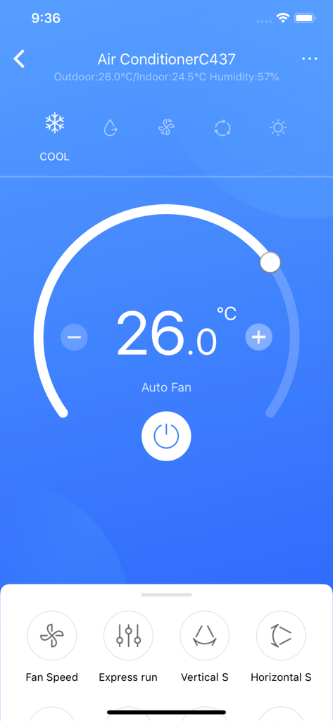 Mobile app interface showing remote temperature control for a Midea air conditioning unit set to 26 degrees Celsius.