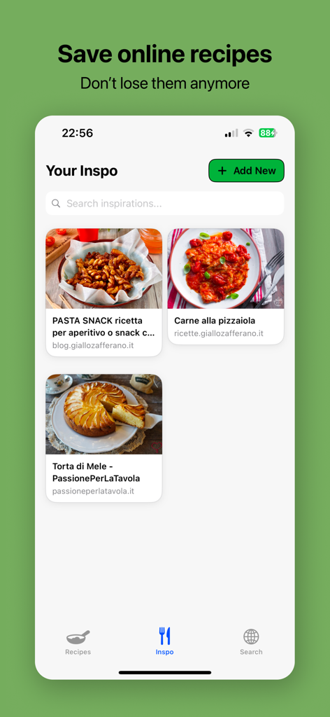 GoodBites - Recipe Manager - GoodBites app interface showing a curated gallery of saved recipes from various websites in the Your Inspo section